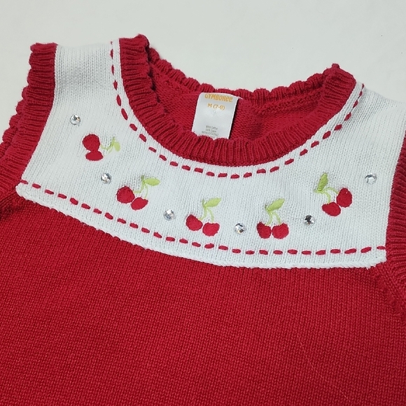 Gymboree Other - Gymboree Red Cherry Embroidered Sweater Vest Rhinestones Girls 7–8 Cute Retro